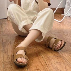 Designer Birkinstock Slippers Outlet 2023 Leer- en zomer echt leer comfortabel bokken schoenen Casual cowhide suede slanke sandalen kurk