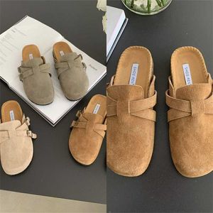 Designer Birkinstock Slippers Outlet Nieuwe stijl Lederen bokken schoenen in het voorjaar Frosted Cross Band Semi-oplegger Ronde kop Flat Bottom Slippers Dames