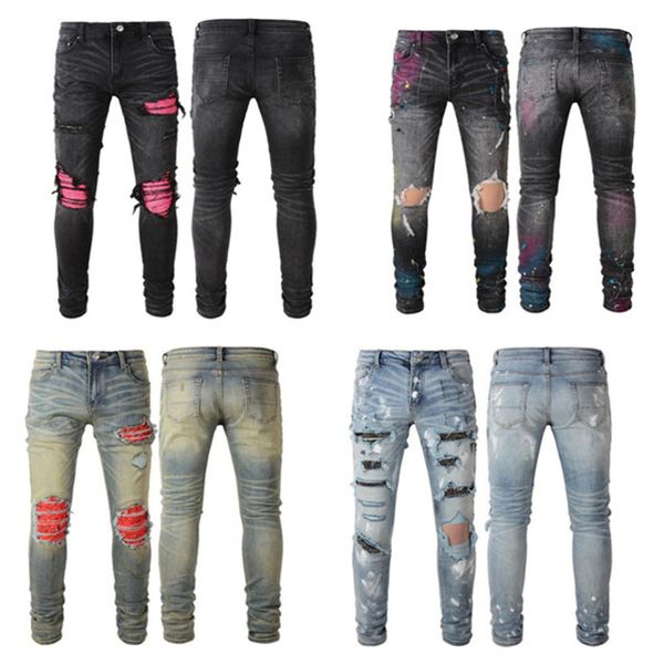 Pantalones cargo negros de diseñador Jeans para hombre Biker jeans Hombre Ripped Slim Stretch Skinny Distressed Motorcycle Denim Fit Hip Hop Straight Leg Jogger Pantalones Patchwork