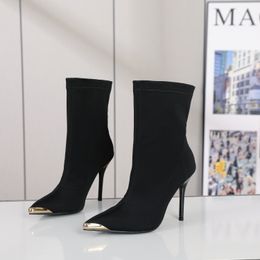 Designer zwarte elastische stoffen enkellaarzen met hoge hak en spitse vierkante mouw buitenzoollaarzen voor damesmaten 35-42