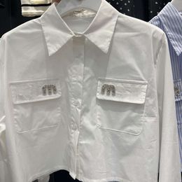 Designer blouse dames shirt mode mode hoge taille korte hot boor letters lange mouw t -shirt casual losse eenvoudige revers vest knoopjas