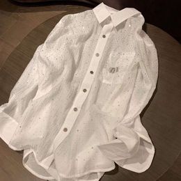 Designer blouse vrouwen shirt mode hot diamant letters grafische vest jas casual losse effen kleur revers shirts