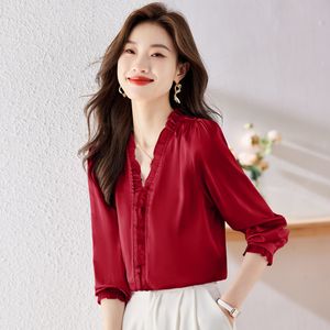 Designerblouses voor dames Rode V-hals zijden blouse Lange mouw Effen Ruche Runway Tops 2023 Herfst Winter Kantoor Dames Elegante top 4 kleuren Dameskleding Grote maten