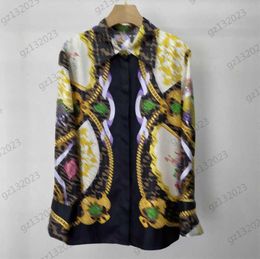 Blouses de créateurs Chaîne en or Figure Imprimer Revers Manches longues Chemises Poids lourd Tissu de soie sergé Léger Respirant Joker Blouses Femmes Chemise Mode 1970