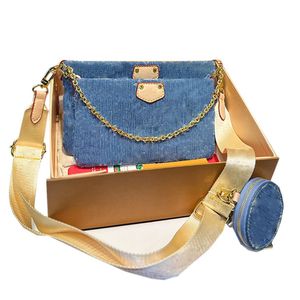 Bolso de hombro pequeño con múltiples accesorios Pochette y mezclilla azul de diseñador