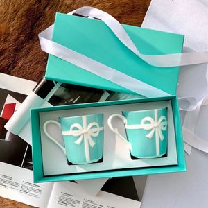 Tasse bleue de styliste en porcelaine, paire de tasses à café avec nœud papillon, boîte-cadeau, cadeau d'affaires, tasse d'eau