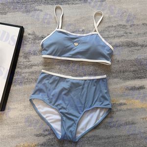 Designer bleu maillots de bain avec triangle badge femmes jarretelle bikini été taille haute maillot de bain dames soutien-gorge ensemble