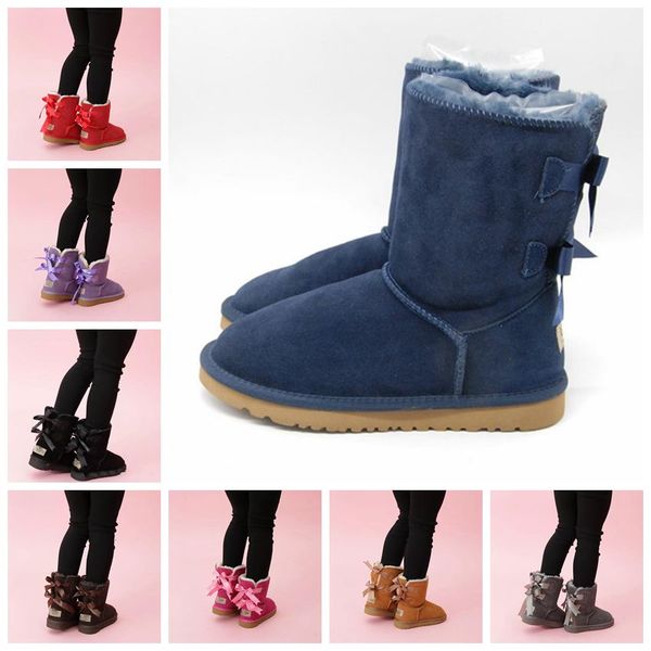 Bota de diseñador para niños Bailey 2 Botas con lazos Niños pequeños de cuero Botas de nieve fútbol color negro rojo Punta redonda Sólido Botas De nieve Calzado de invierno para niñas Botines de bebé para niños pequeños