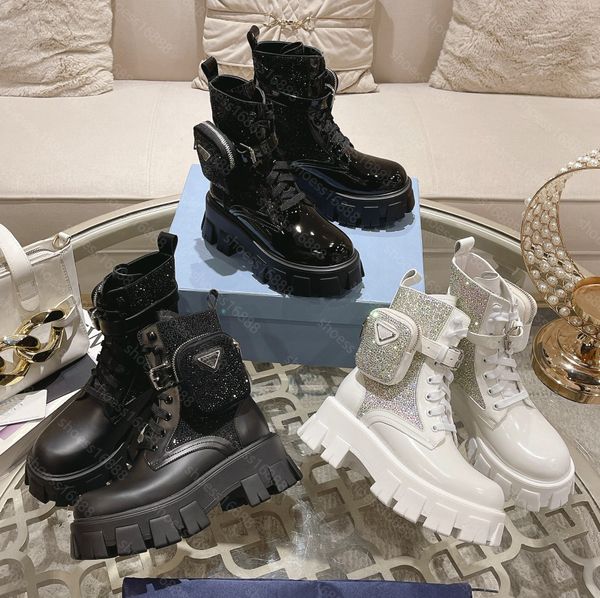 Bota de diseñador Monolith Shiny Flash Diamond Leather Re-Nylon Boots Mujeres Hombres Bolsa de lujo de alta calidad Botines de motocicleta Zapatos