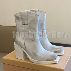 Botas de diseñador Zapatos con hebilla en el tobillo Vaqueras blancas para mujer Vaqueros occidentales Botas de motociclista de cuero de lujo Botas Martin de tacón grueso Adorno con hebilla de cinturón Dedos cuadrados