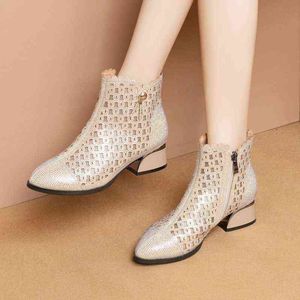 Designer Boots Ankle Sandals Women Shoes 2022 Hollow Out Pited High Heels Summer Luxury Rhinestones Fashion 220401
