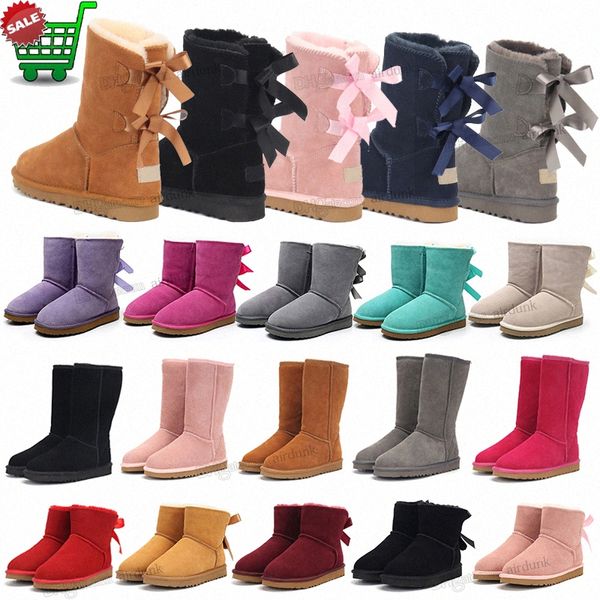 Botas de diseñador Australia Mini Bow Boot para mujer Botines de invierno Chica Classic Snow Boot Tobillo Arcos cortos Mini Piel Negro Castaño Rosa Alto Bowtie Zapatos SI X6BP #