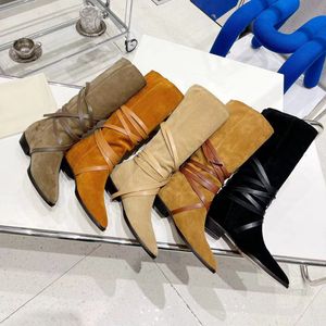 Botas de diseñador Otoño Invierno Desierto Mujer Bota Vaquero Fahsion Martin Botas Cachemira Correas Medalla de 5 colores Suelas resistentes Punta estrecha Tela suave