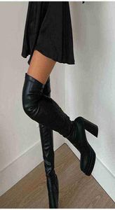 Designer Boots Fashion Plateforme Femmes sur le genou Sexy Feamle Square Toe Pu Bottom Shoes Bottom Dames Bloc High Heels Zipper LO3015402