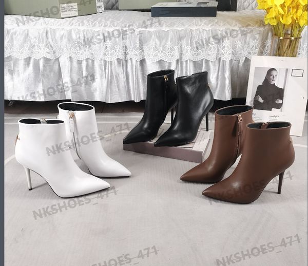 Botas de diseñador Mujeres de moda Punta estrecha Tacones altos Estilo Botines Marrón Tacón alto Botas Chelsea Versátiles Zapatos de novia de boda de cuero de becerro blanco negro