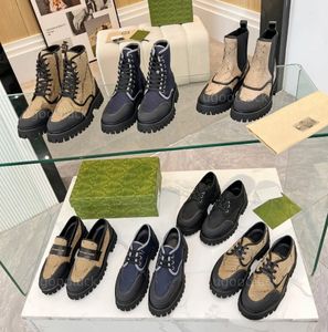 Designerlaarzen G-platform Flats Combat Boots canvas jacquard chunky Heel platform Ridderlaarzen Lage hak Laarsjes Leren ketting Logo Gesp Dames Luxe Schoenen