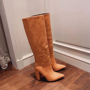 Bottes de styliste à talons hauts pour femmes, en cuir suédé, pointues, de luxe, à la mode, 36-42