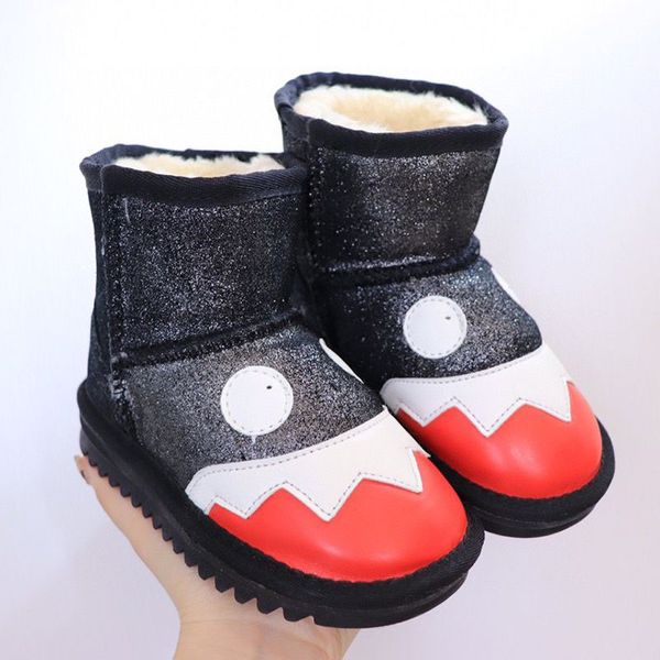 Botas de diseño para niños Botas cálidas para la nieve Animal Bebés Niños Niñas Cuero Slip-On Tobillo Plano Suave Cómodo Algodón Piel de oveja Felpa Mantenga agradable Cumpleaños Regalos de Navidad 25-35