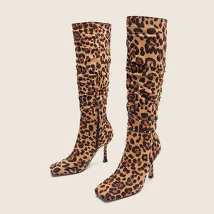 Designer laarzen knie motorfiets sexy luipaard print high heeles square hoofd dames herfst en winter fashion martin 220802