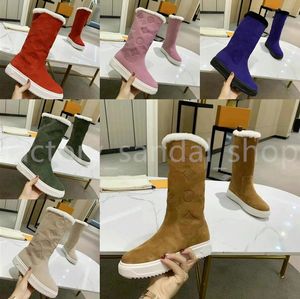 Designer Boots Lamb Wol Knie-High Boots Warm Flat Boots For Women Vintage Gedrukte Snow Boots Winterwarmt Suede Lederen Vrouwen Casual Buiten Laarzen