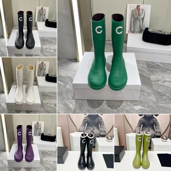 Botas de diseñador Tubo largo Goma Bota de lluvia para mujer Negro púrpura verde Botas hasta la rodilla impermeables clásicas Bota de lluvia Zapatos de lluvia de goma casuales vintage para mujer