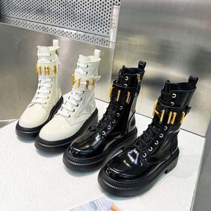 Designer laarzen luxe klassieke mode lederen laarzen plat hiel wit zwart glanzend gezicht outdoor casual schoenen maat 35-40