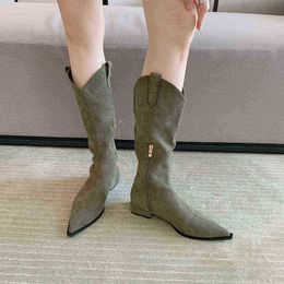 Bottes de créateurs bout pointu femmes mi-mollet nouveautés fermeture éclair latérale talons bas noirs marron vert mode fête hiver 35 39 220815