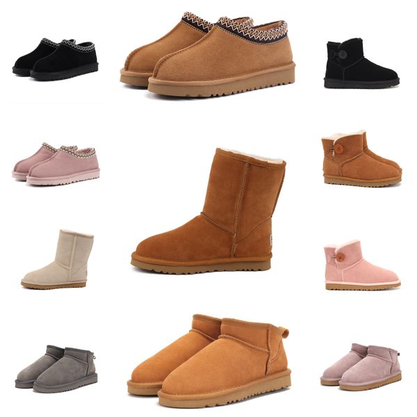 Botas de diseñador Botas Ugglies Bota de mujer australiana Tasman Bailey Duna Castaño Hebilla de invierno Piel Nieve Media rodilla Dama corta Zapatilla de pelo de piel de oveja con caja