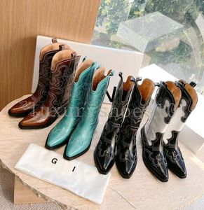 Designer laarzen Western cowboylaarzen Schacht geborduurde laarsjes Luxe dikke hak Kniehoge dameslaarzen Mode lederen mid-cowboy schoen met doos