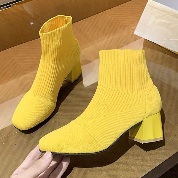 Botas de diseñador mujer invierno botines de nieve para mujer zapatos de tacón alto grueso moda tobillo corto calcetín zapatillas de deporte punta cuadrada negro blanco amarillo