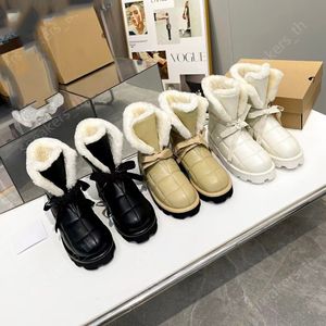 Botas de diseñador para mujer, botas gruesas de lana de piel de oveja, botas con lazo, botines de nieve para invierno, botines clásicos para mujer en negro, gris y marrón