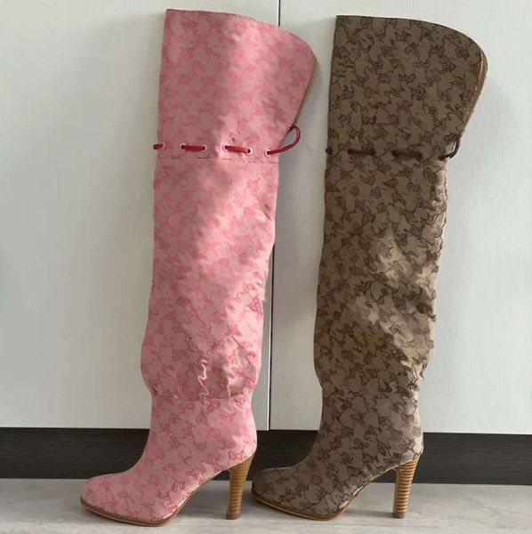 Botas de diseñador Mujeres sobre la rodilla Bota de tobillo de invierno Correas ajustables Lona Cremallera Cordones Zapatos originales Damas Chicas Sexy Alto con caja 4520