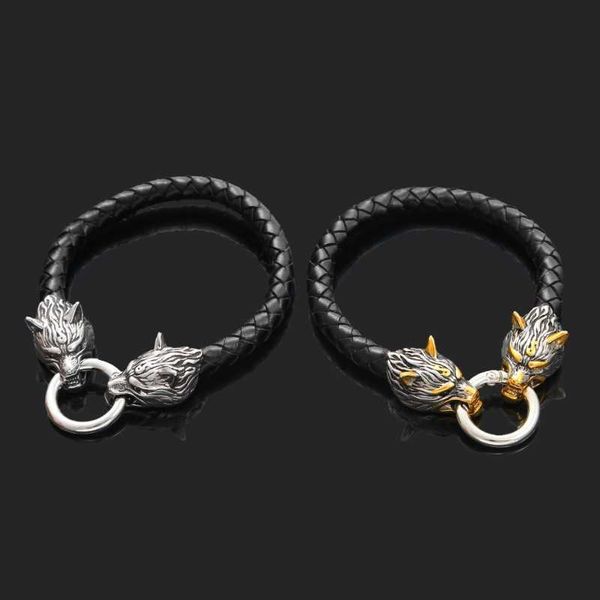 Bracelet designer Brand New Explosions Médies Hot Sells Viking Nordic Wolf Head Domineering Mens Le cuir tissé