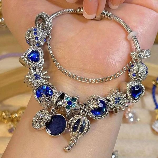 Bracelet de créateur système Pan, grand trou en alliage, Bracelet à cordes, bleu trésor, Bracelet créatif