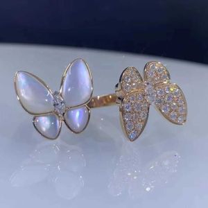 Designer Brand 925 Sterling Silver Van White Shell Butterfly Ring Posed met 18K Rose Gold Opening Dubbele Exquise High -versie