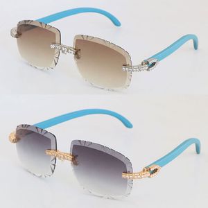 Marca de diseñador Big Diamond Set Gafas de sol de madera azul Hombres Gafas de madera sin montura originales Mujer 8200758 Lentes de corte de diamante de lujo Gafas masculinas y femeninas