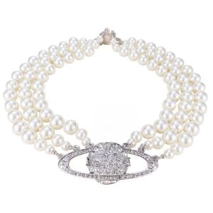 Designer merk klassiek Saturn Women Heavy Duty Multi Layer Pearl Diamond Necklace Choker Lady Party Sieraden