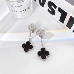 Designer Brand Fashion 925 Sterling Silver Van Double Clover oorbellen Verzameld met 18K Wit goud Volledige diamant Black Agate Lucky Grass High Edition Sieraden