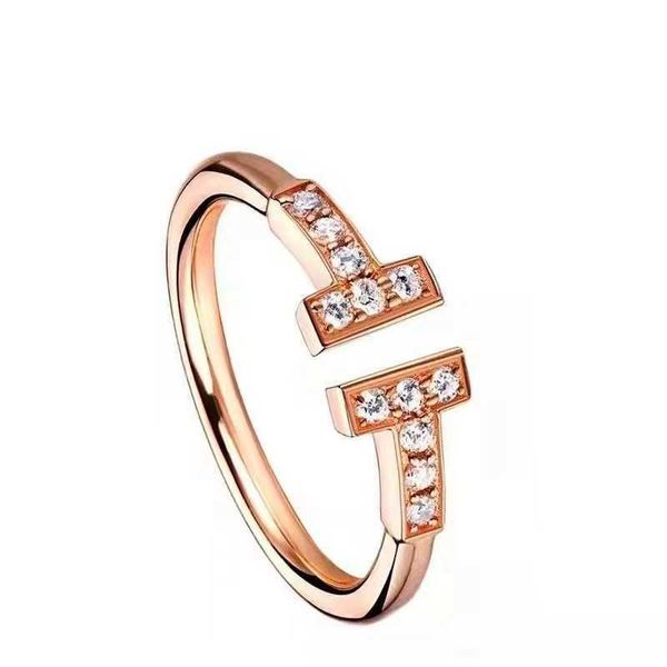 Designer Brand Fashion Silver Double T Ring Full Diamond 18K Rose Gold 3 TFF Design Couple avec logo