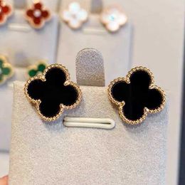 Designer Brand Fashion Van Gold High Version Clover oorbellen voor vrouwen verdikt 18k plating unieke rose natuurlijke zwarte agaat witte fritillaria sieraden