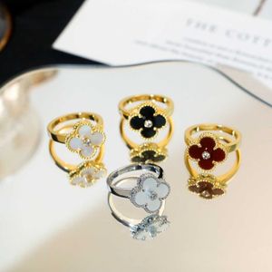 Designer merk hoge versie van vier blad gras ring goud vergulde 18 K met diamanten natuurlijke witte fritillaria rode jade enkele bloem vrouw