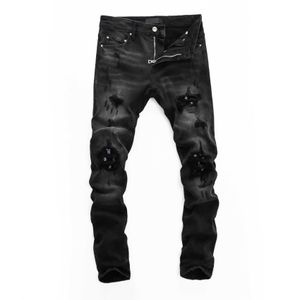 Designer merk mannen jeans slijtage gat patch jeugd slanke print broek zwart