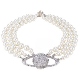 Collier de marque de créateur classique Saturn pour femmes, collier robuste multicouche de perles et de diamants, ras du cou, bijoux de fête pour dames
