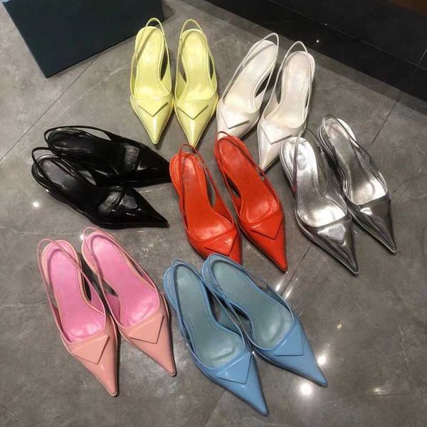 Sandálias de grife marca sandálias de dedo apontado marca de luxo senhoras salto alto bombas de couro patente apartamentos sandálias triângulo invertido moda vestido sapatos sapatos de trabalho