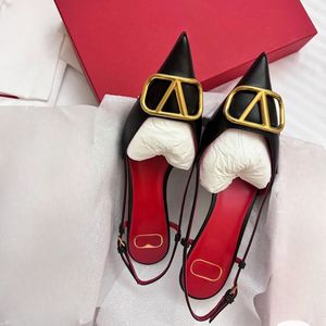 Designer merk sandalen dames hoge hakken puntige schoenen 4 cm 6 cm 8 cm 10 cm dunne hak ondiep echt leer klassiekers V metalen gesp zomer damespumps met rode stofzak