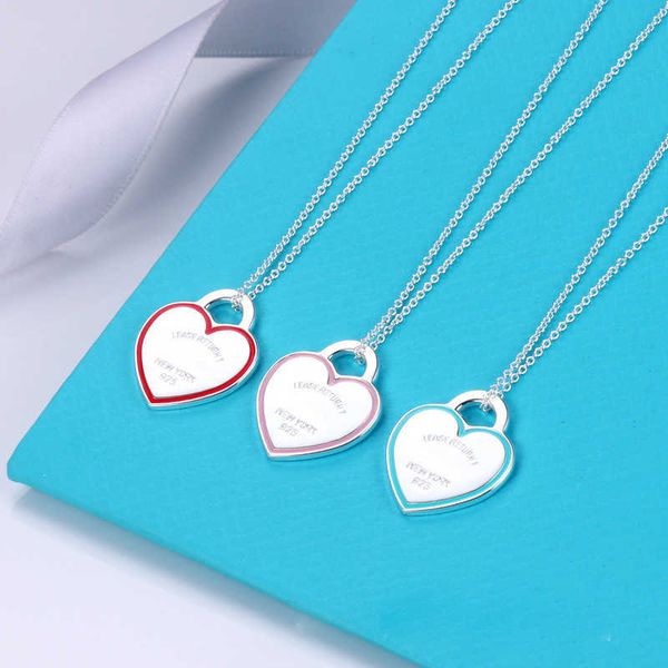 Marque de créateur tiffays simples amour émail bleu rouge rose pêche coeur collier femelle coeur coeur pendant clavicule chaîne