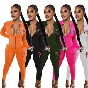 2024 Designer Brand Femmes Jumps Support Print Sautporne Bodycon One Piece Tenues Vêtements Pantalons Borning à manches longues Stand Collar Clear Suit en gros 8961-1