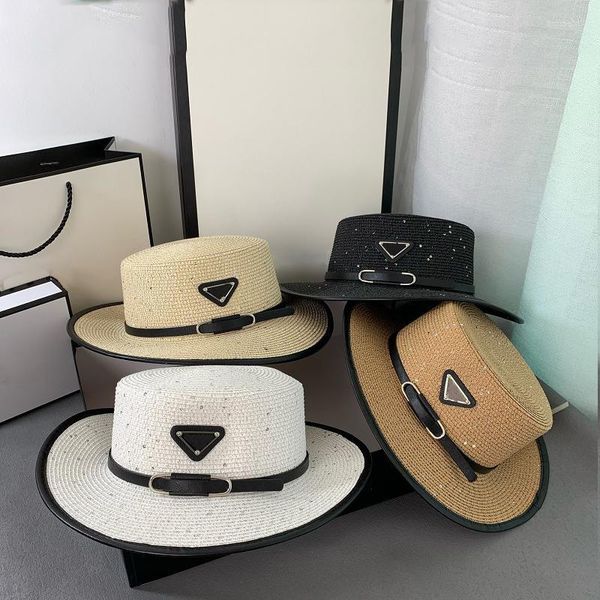 Diseñador de la marca Mujer Pescador Cubo Sombrero Brillante 4 colores Parte superior plana Paja Cinturón de cuero negro Mujeres Gran ala Sombreros para el sol Primavera Otoño Viajes Fl