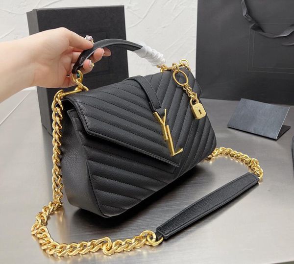 Sac à bandoulière pour femme de la marque Designer Sac fourre-tout à la main avec connaissement en cuir de veau noir Chaîne matelassée à rayures diagonales à la mode classique Double rabat Sacs à bandoulière moyens