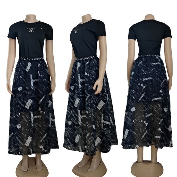 Conjunto informal de manga corta (falda inferior + parte superior) de gasa de verano para mujer de nueva marca de diseñador 2023 J2853